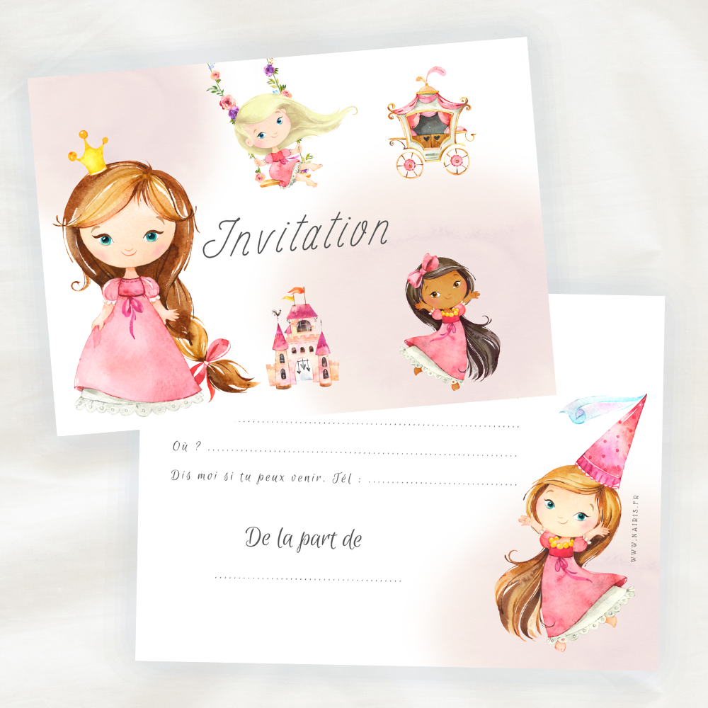 Lot 8 cartes d'invitation anniversaire enfant - Fille - Princesse en  Aquarelle