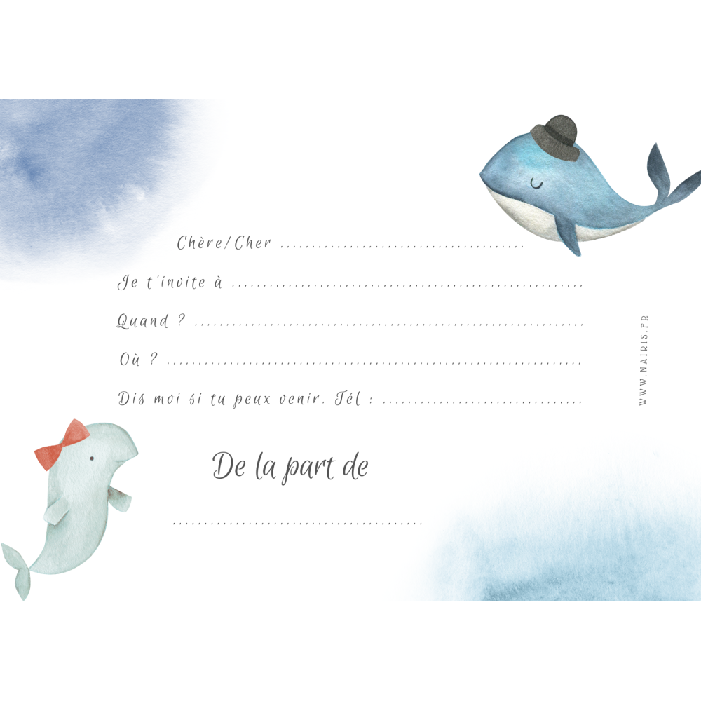 Lot 8 cartes d'invitation anniversaire enfant - Animaux de la mer en  aquarelle : baleine