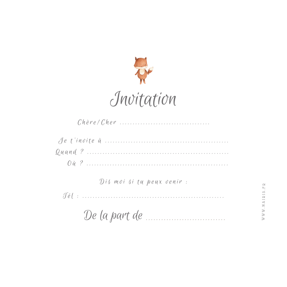 Lot de 8 cartes d'Invitation Anniversaire Enfant - Mixte - Animaux - Renard  en Aquarelle