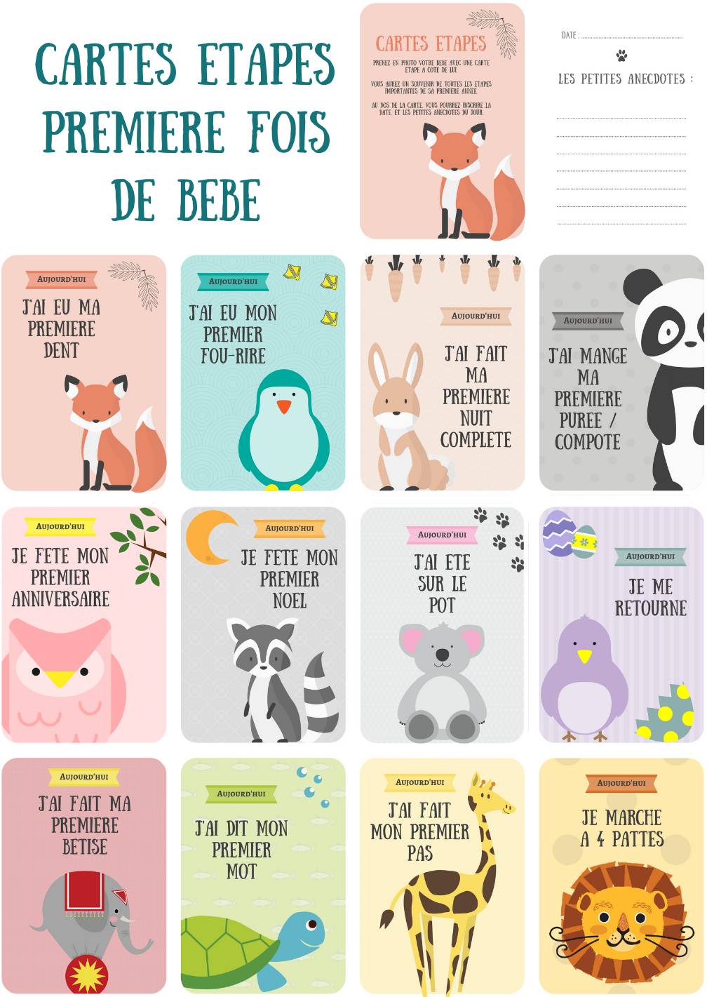 Lot De 12 Cartes Etapes Pour Immortaliser Les Exploits De Bebe